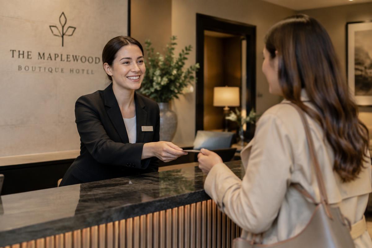 Recepcionista de hotel atendendo um hóspede no balcão da recepção